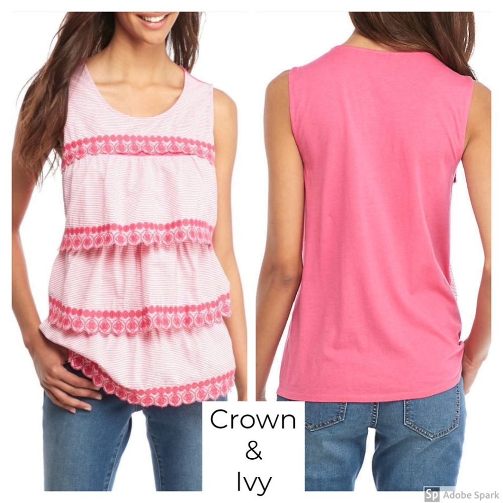 Crown & Ivy Pink Tiered Ruffle Embroidered Sleeveless Top S NWT